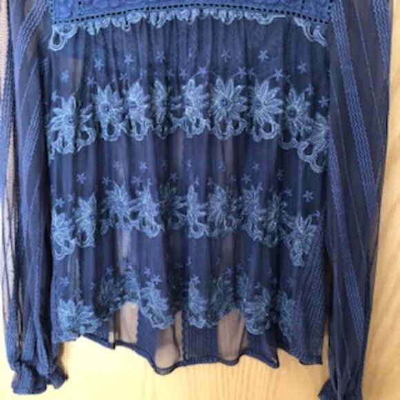 Anthropologie Blank London Boho Dark Blue Textured Collared Sheer Blouse Small - Picture 5 of 9
